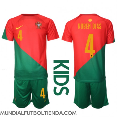 Camiseta Portugal Ruben Dias #4 Primera Equipación Replica Mundial 2022 para niños mangas cortas (+ Pantalones cortos)